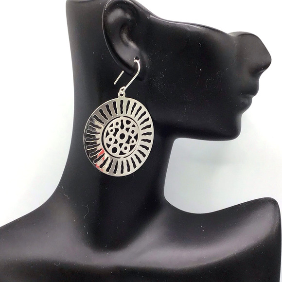 Sterling Silver Sunburst Cutout Dangle Earrings Hook 5.6g Statement Boho - Picture 5 of 13